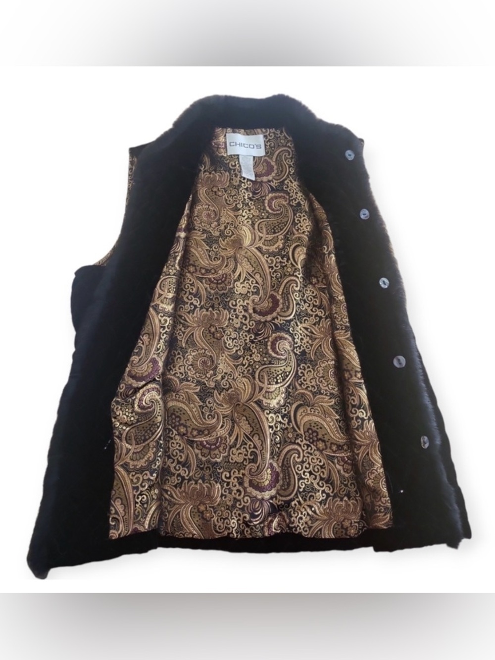 VTG Chico's Rabbit Fur Trim Quilted Velvet Vest Sz 1 (8-10) Whimsigoth MobWife